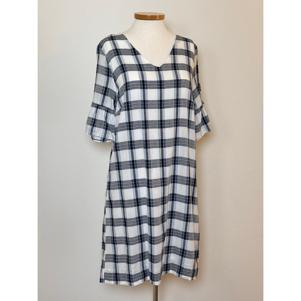 Downeast Cotton Ruffle Sleeve Midi Dress Navy Blue White Plaid Small Cottagecore